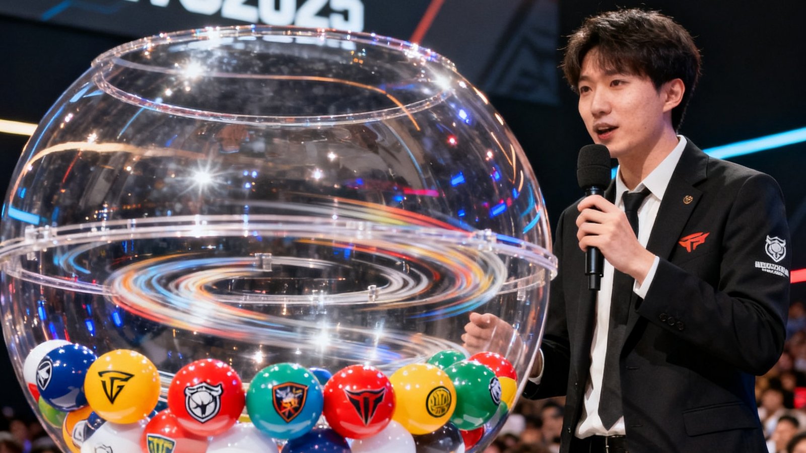 EWC2025英雄联盟小组赛抽签仪式现场，透明玻璃缸中旋转着代表各战队的彩色球，主持人在旁宣读结果。
