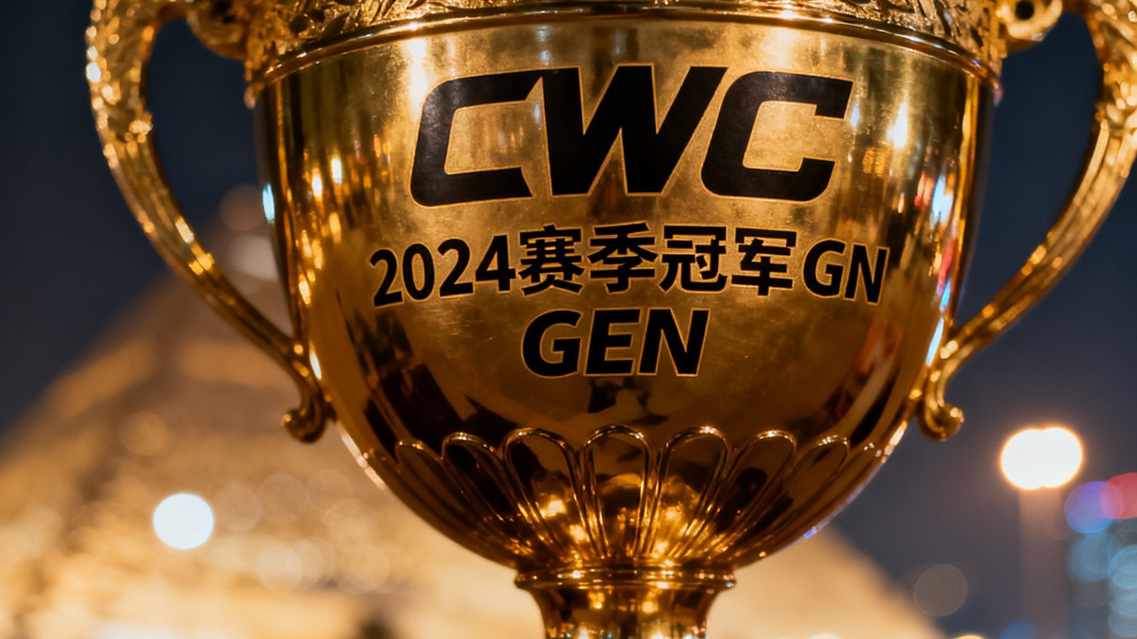 EWC冠军奖杯近距离特写，金色杯身上镌刻着2024赛季冠军GEN的队名，背景虚化为利雅得璀璨的夜空。