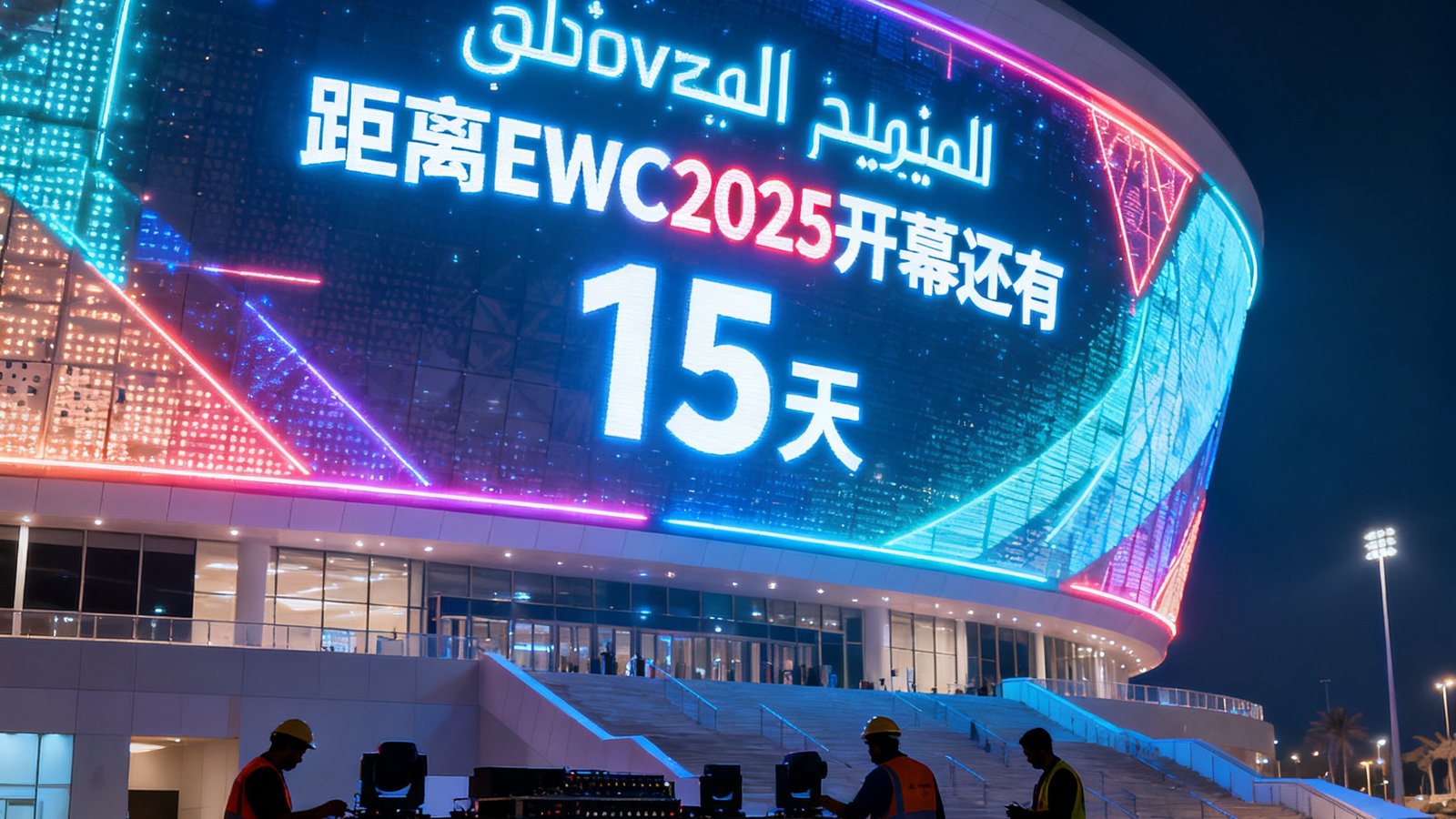 利雅得Boulevard Arena场馆外景，巨大的霓虹灯牌显示距离EWC2025开幕还有15天，工人正在进行最后的设备调试。