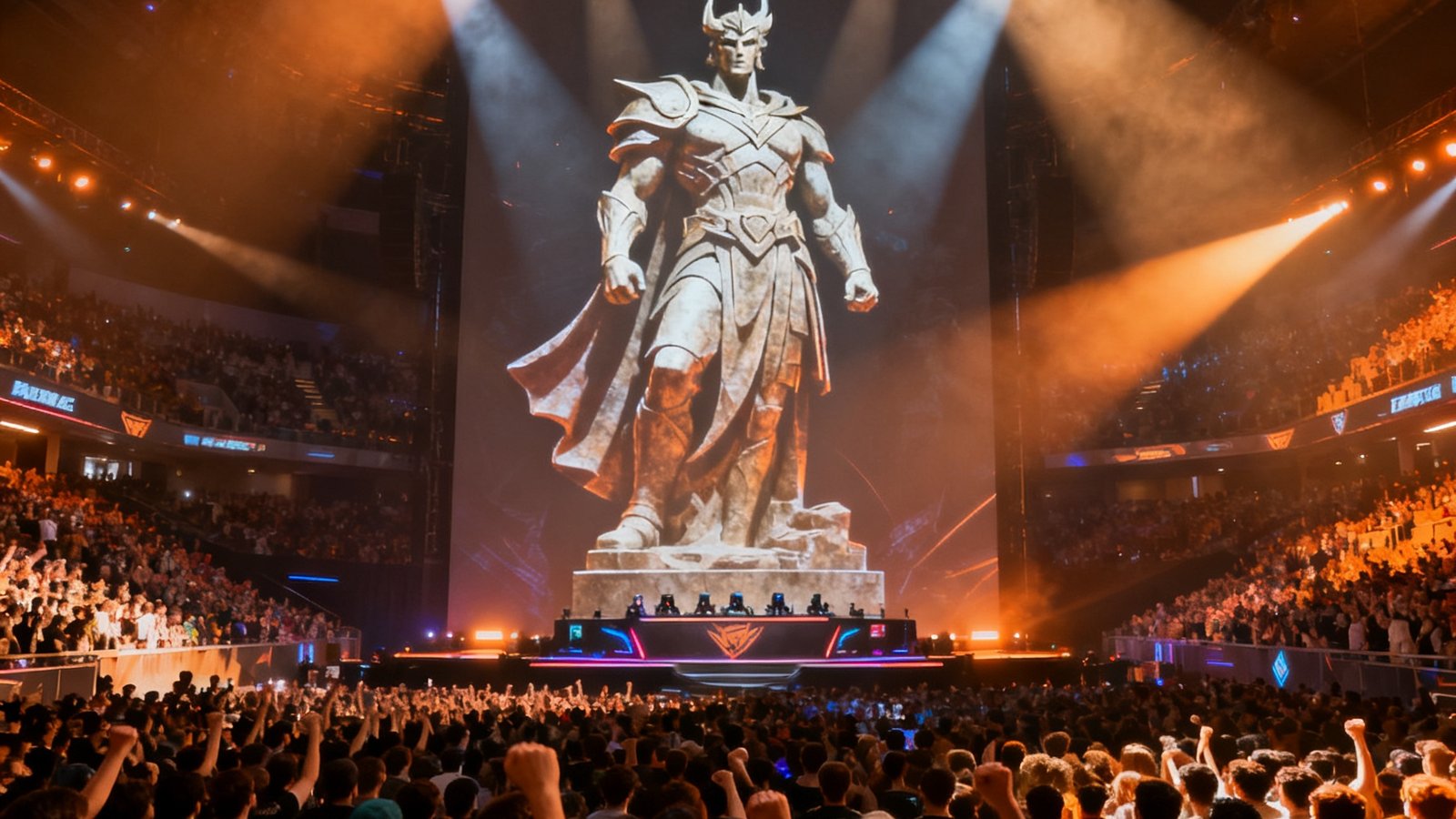 DOTA2项目EWC利雅得大师赛现场实拍，舞台中央投影着巨型英雄雕像，聚光灯交织，观众席座无虚席气氛热烈。